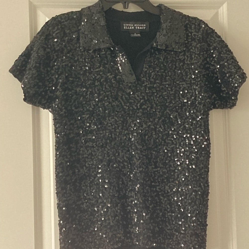 Ellen Tracy Black Sequin Short Sleeve Polo Top